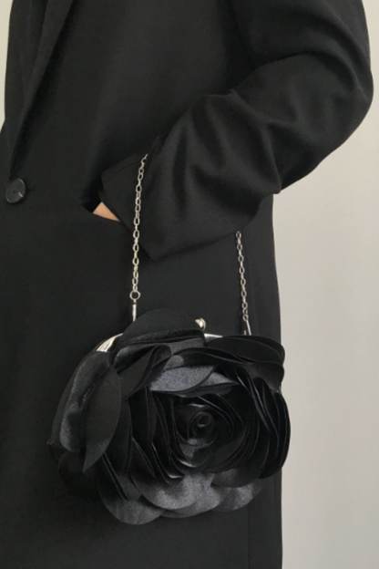 3D Satin Rose Evening Clutch, Chain Strap Floral Party Handbag B008
