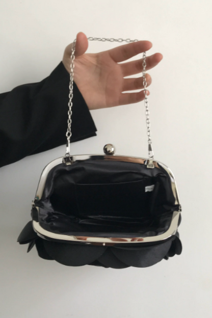 3D Satin Rose Evening Clutch, Chain Strap Floral Party Handbag B008