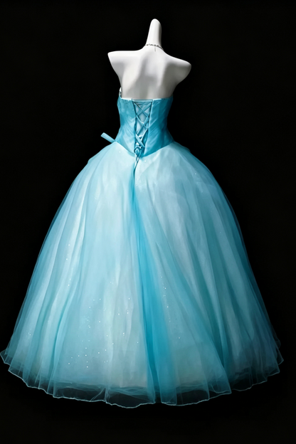 Blue Strapless Sweetheart Tulle Ball Gown Rhinestone Quinceanera Dress F0205