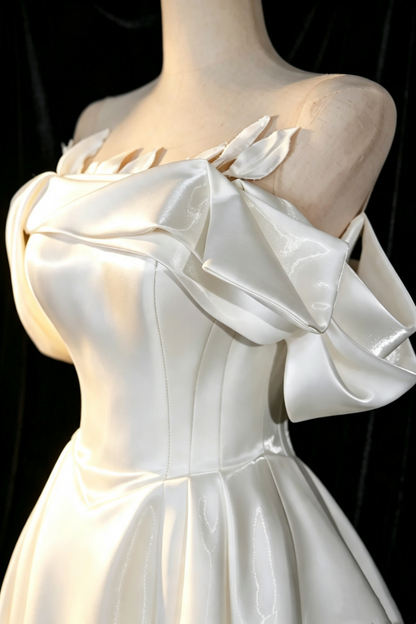 White Satin Off‑The‑Shoulder Midi Gown 3D Leaf Detail Elopement Wedding Party Dress F0013