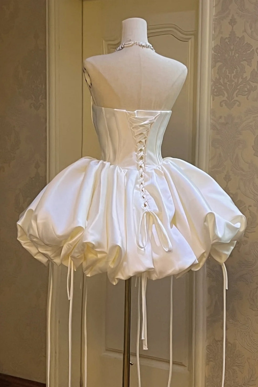 White Satin Corset Homecoming Dress Detachable Off‑Shoulder Bubble Gown F0099