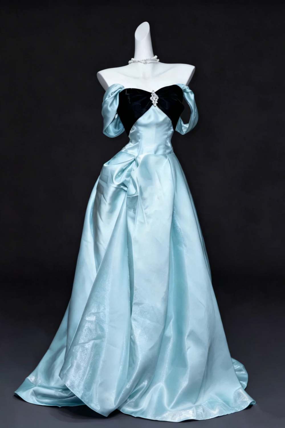 Ice Blue Satin Strapless Prom Dress Off the Shoulder Sleeves for Graduation Evening Photoshoot Floral032