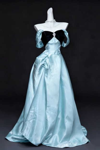 Ice Blue Satin Strapless Prom Dress Off the Shoulder Sleeves for Graduation Evening Photoshoot Floral032