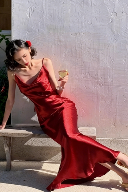 Sexy Deep Red Satin Maxi Dress – Spaghetti Strap Backless Design for Cocktail Parties & Date Nights FD06