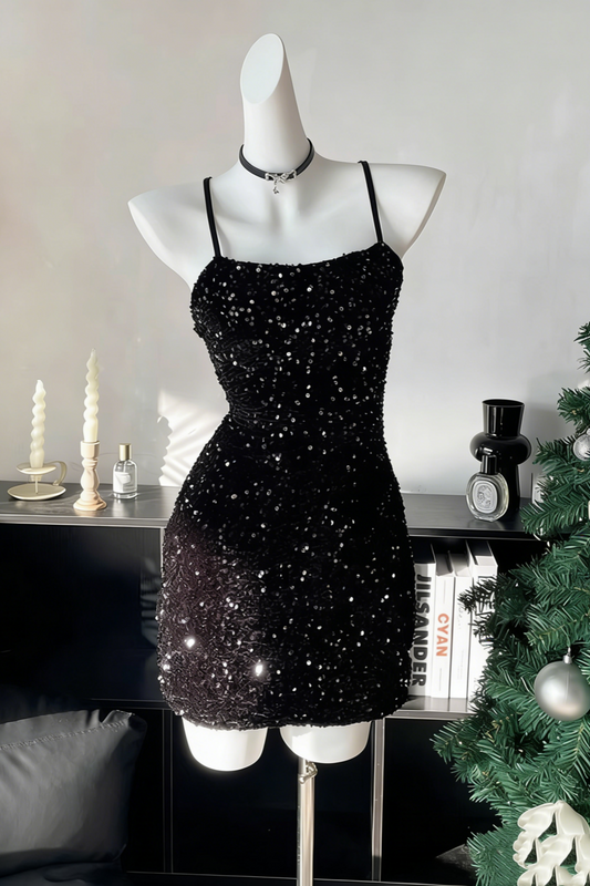 Sparkling sequined halter top birthday dress, sequined mini dress, backless sexy short party dress 007