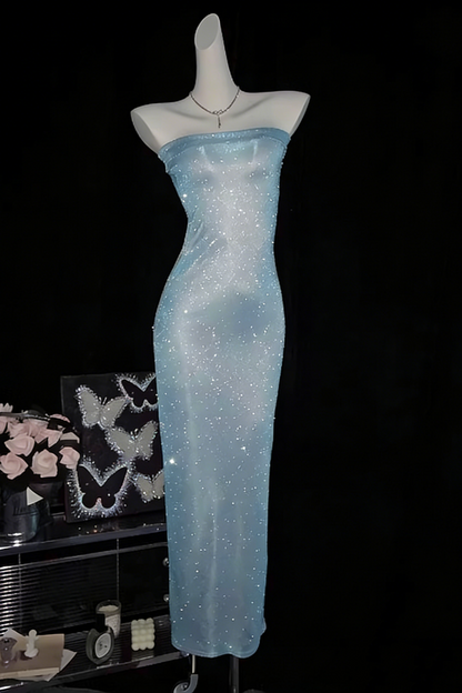 Sexy, Slim-Fit, and Elegant Strapless Dress Shimmering Blue Glitter Evening Gown Party Attire FD022