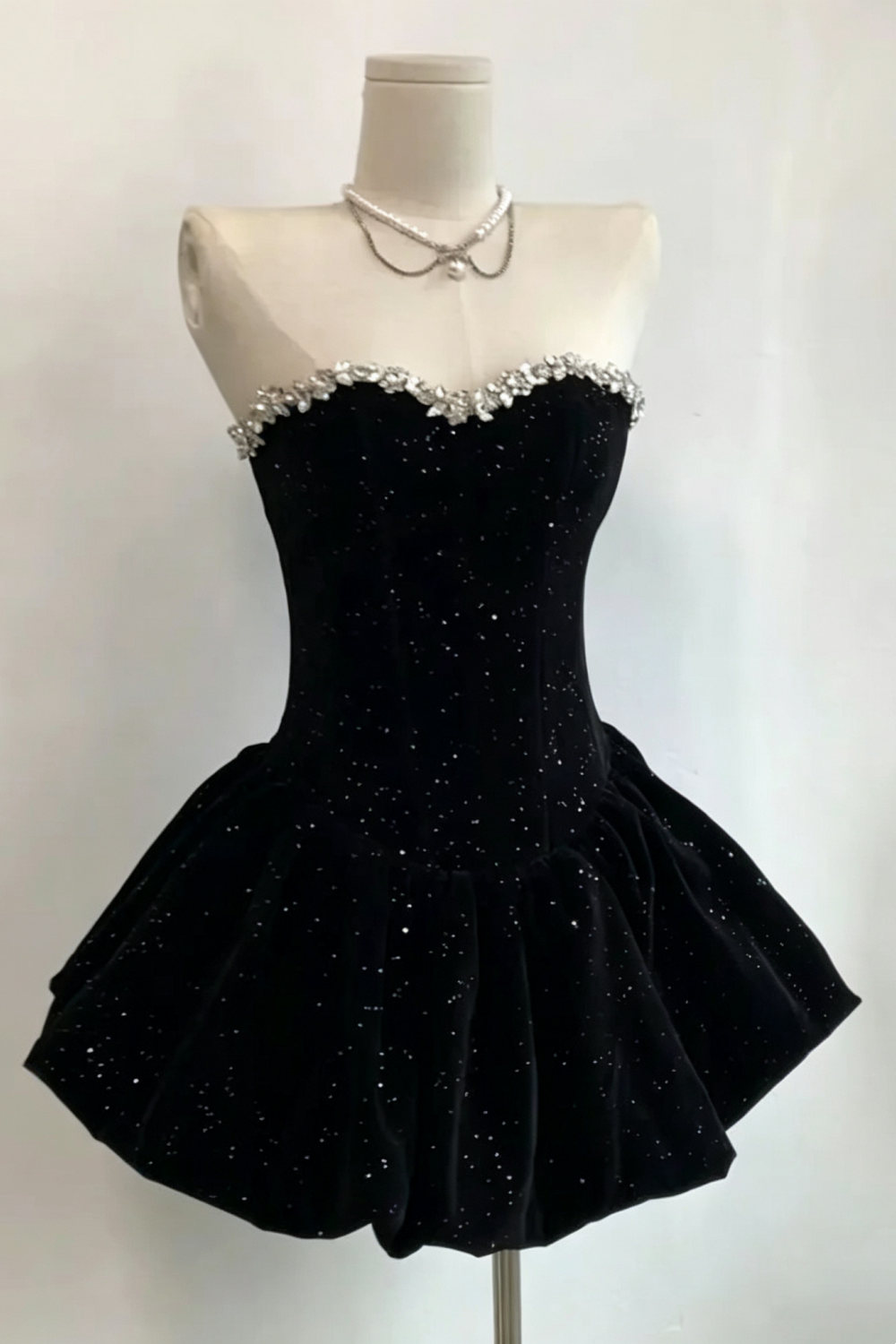 Black Strapless Sparkle Velvet Short Dress Rhinestone Homecoming Gown F0230