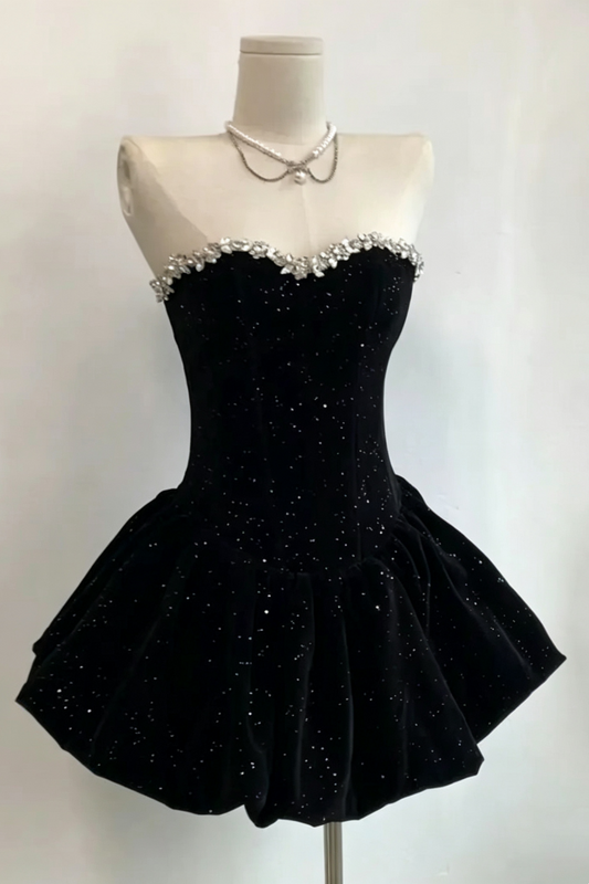 Black Strapless Sparkle Velvet Short Dress Rhinestone Homecoming Gown F0230