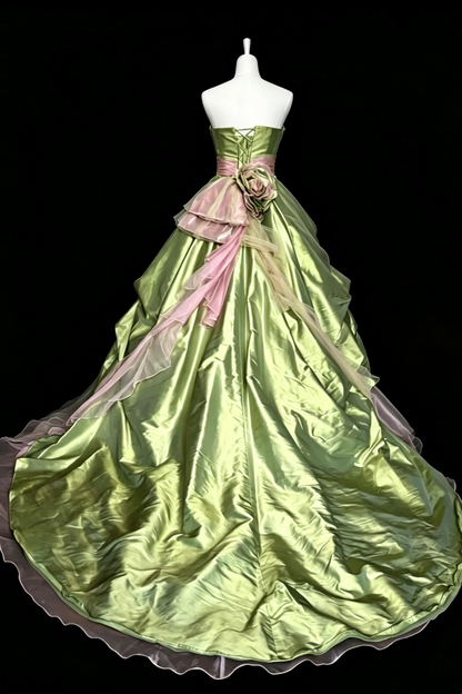 Strapless Satin Ball Gown Green Pink Floral Tulle Formal Evening Dress F0086
