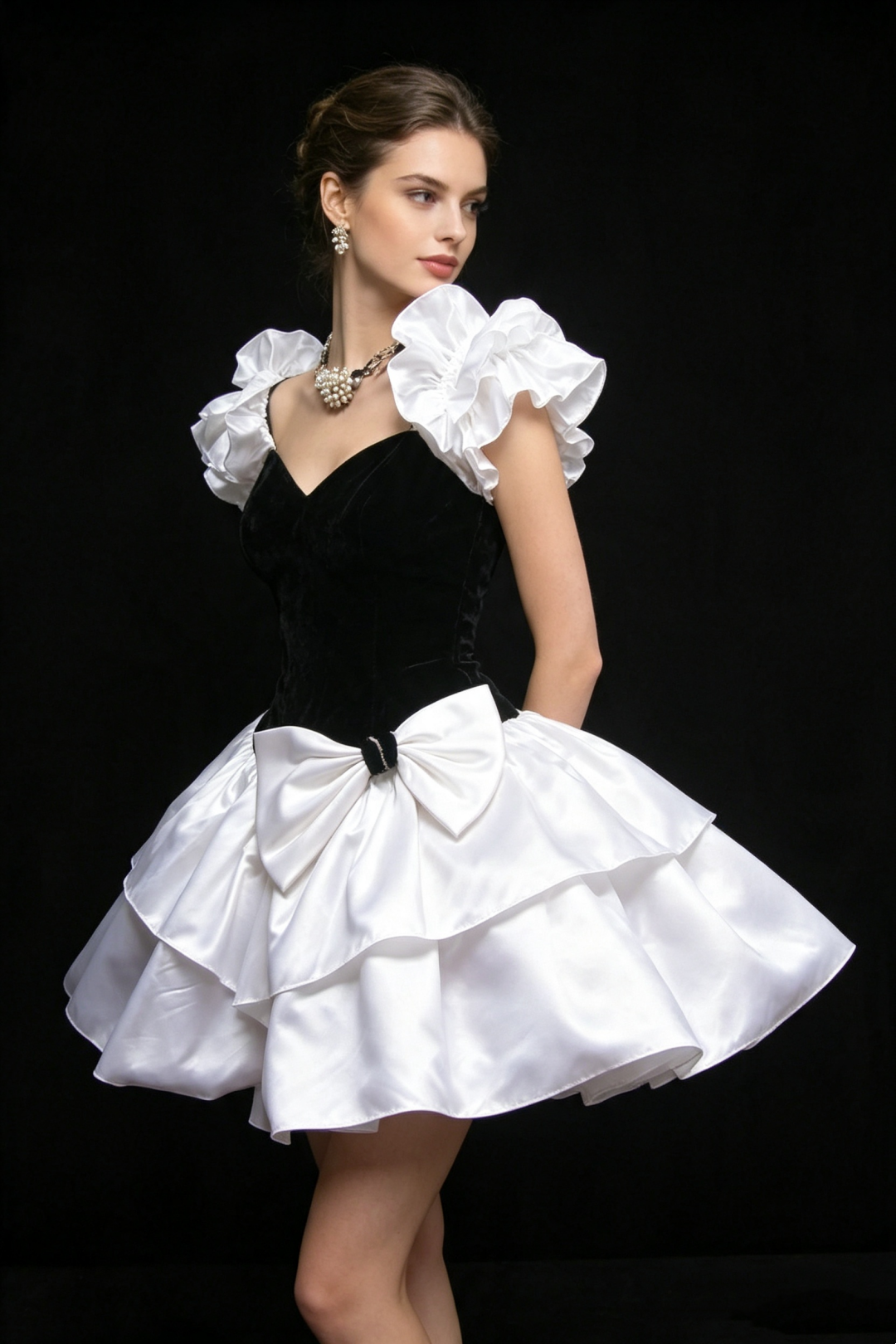 Black Velvet White Satin Homecoming Mini Dress Ruffle Puff Sleeve With Big Bow Cocktail Gown F0014