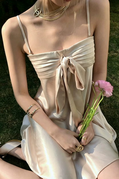 Satin Bow Cami Mini Dress, Adjustable Strap Flared Party Vacation Dress F061