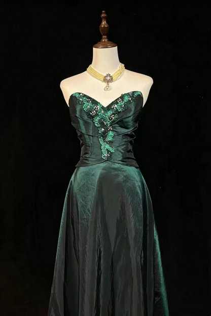 Evening Gown Vintage Beaded Lace Applique Strapless A‑Line Prom Dress F0072