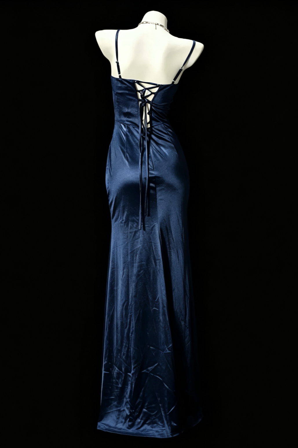Navy Satin Corset Mermaid Slit Evening Dress Beaded Bust F0197