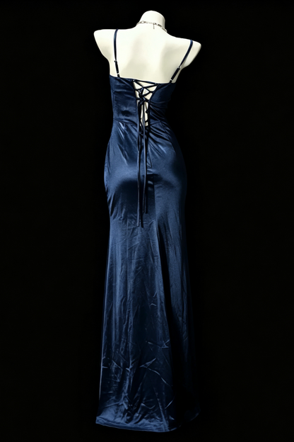 Navy Satin Corset Mermaid Slit Evening Dress Beaded Bust F0197