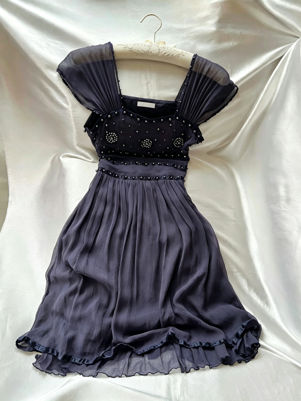 Dark Purple Square Neck Beaded Chiffon Short Cocktail Dress F0259