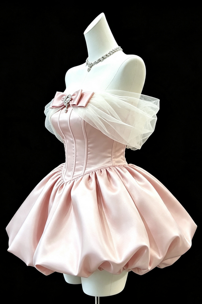Pink Off‑the‑Shoulder Satin Short Gown, Bow Crystal Sweet 16 Dress F009