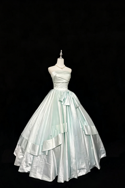 Strapless Satin A‑Line Prom Dress Large Side Bow Formal Evening Gown F0162