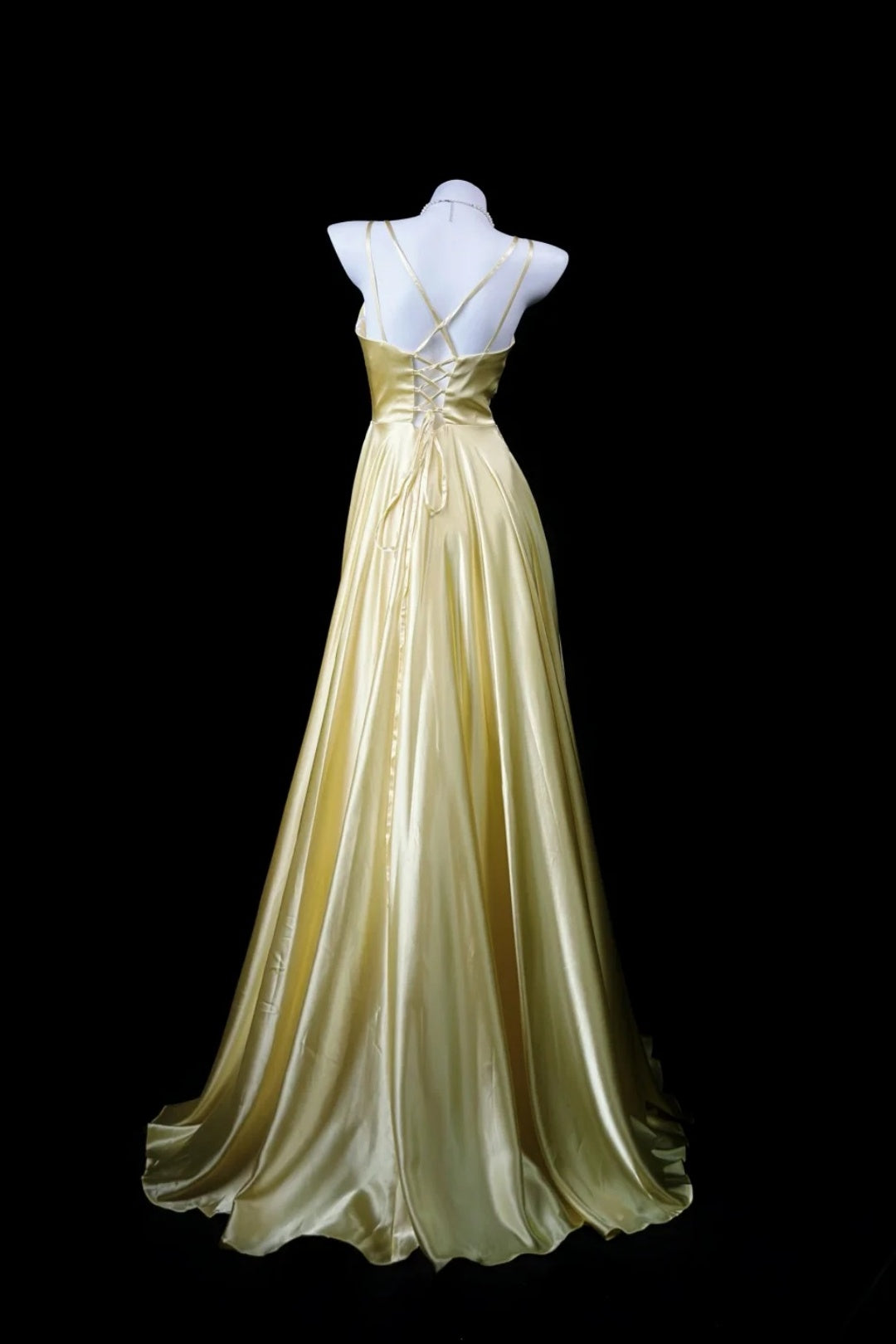 Satin A‑Line Prom Gown V‑Neck Criss‑Cross Lace‑Up Back Formal Party Dress F0088