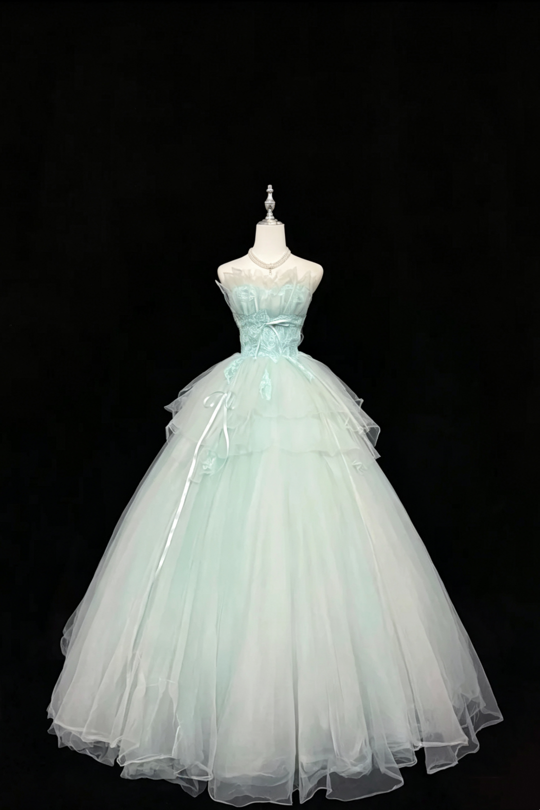 Strapless Lace Tulle Ball Gown With Satin Bow Ribbons F0080