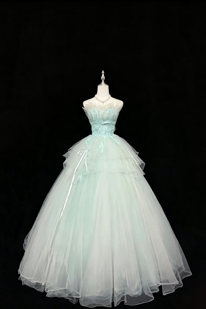 Strapless Lace Tulle Ball Gown With Satin Bow Ribbons F0080