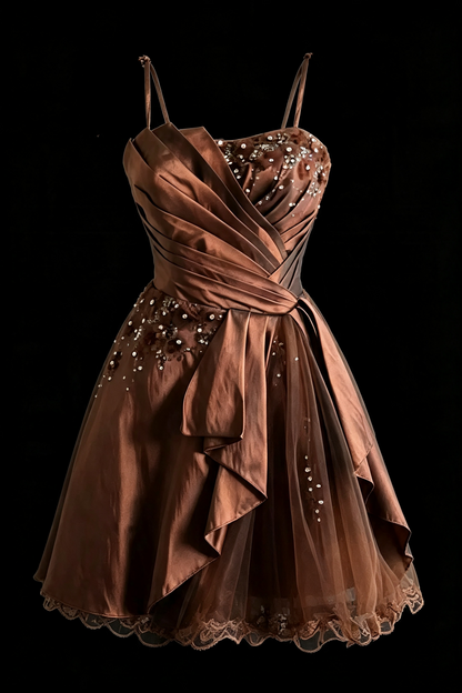 Brown Satin Spaghetti Strap Homecoming Dress Beaded Lace Short Cocktail Gown With Sash Bow F0015