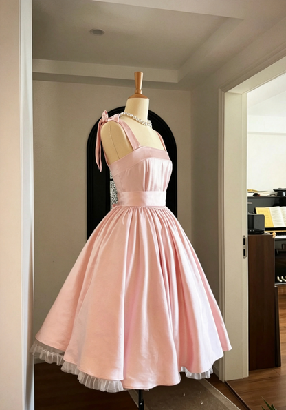 Olive Green Satin Retro Midi Dress, Bow Strap Vintage Homecoming Dress  F0052