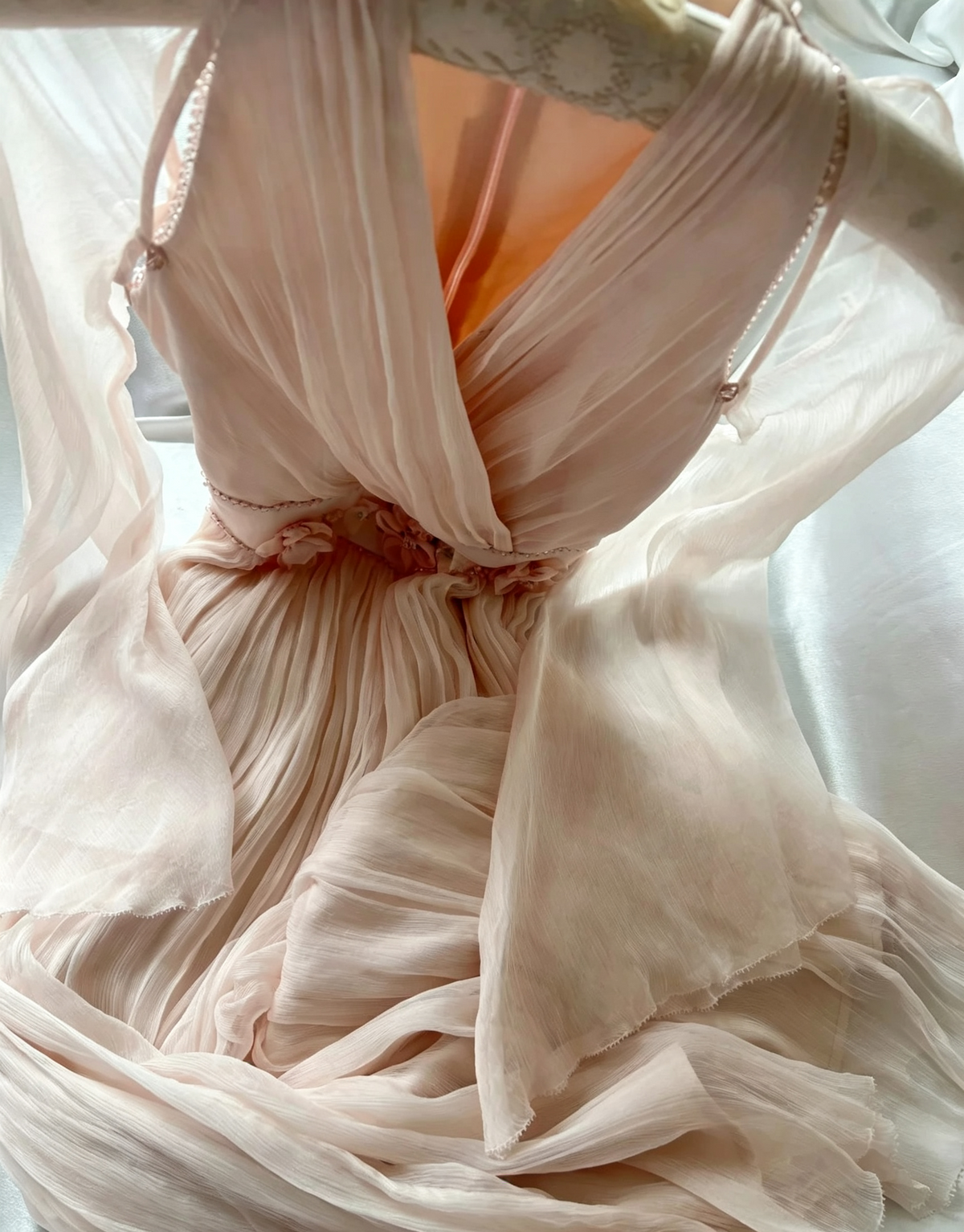Blush Pink Chiffon Long Dress Flare Sleeve 3D Floral Waist F0265