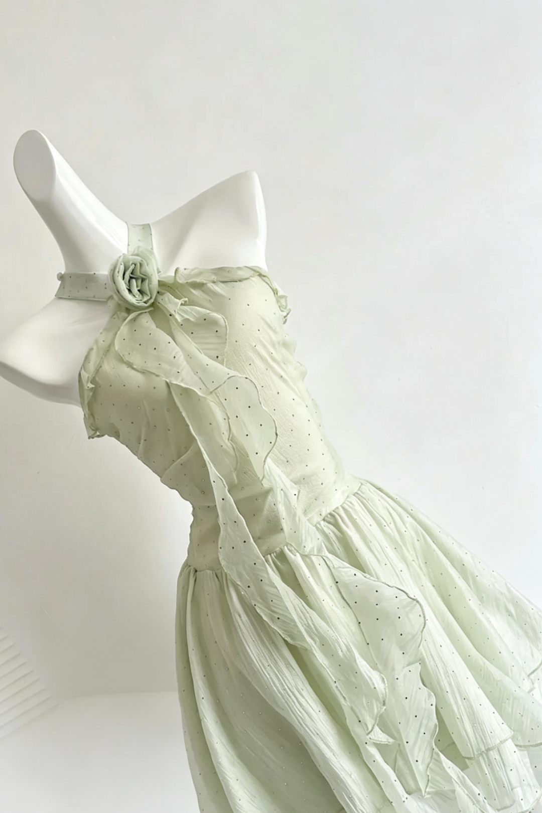Light Green Halter Floral Rose Ruffle Mini Dress Sparkly Party Gown F0211