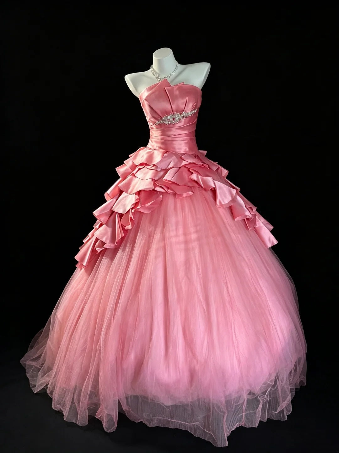Pink Strapless Tulle Ball Gown Ruffle Fall Formal Dress F0102