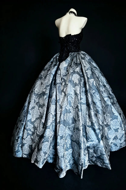 Midnight Blue Jacquard Ballgown, Strapless Sweetheart Sequin Quinceanera Dress F006