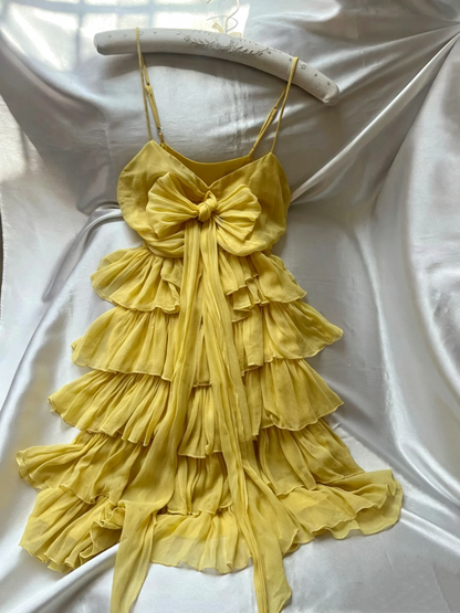 Yellow Spaghetti Strap Bow Tiered Chiffon Mini Dress F0261