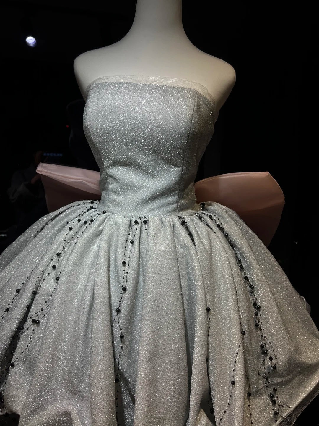 Silver Strapless Glitter Mini Dress Beaded Skirt Pink Bow Homecoming Dress F0256