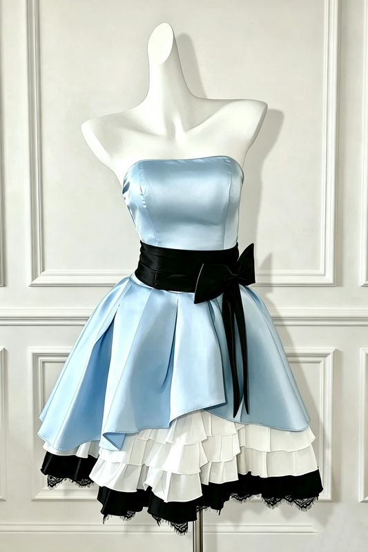 Light Blue Strapless Color Block Mini Homecoming Dress F0278