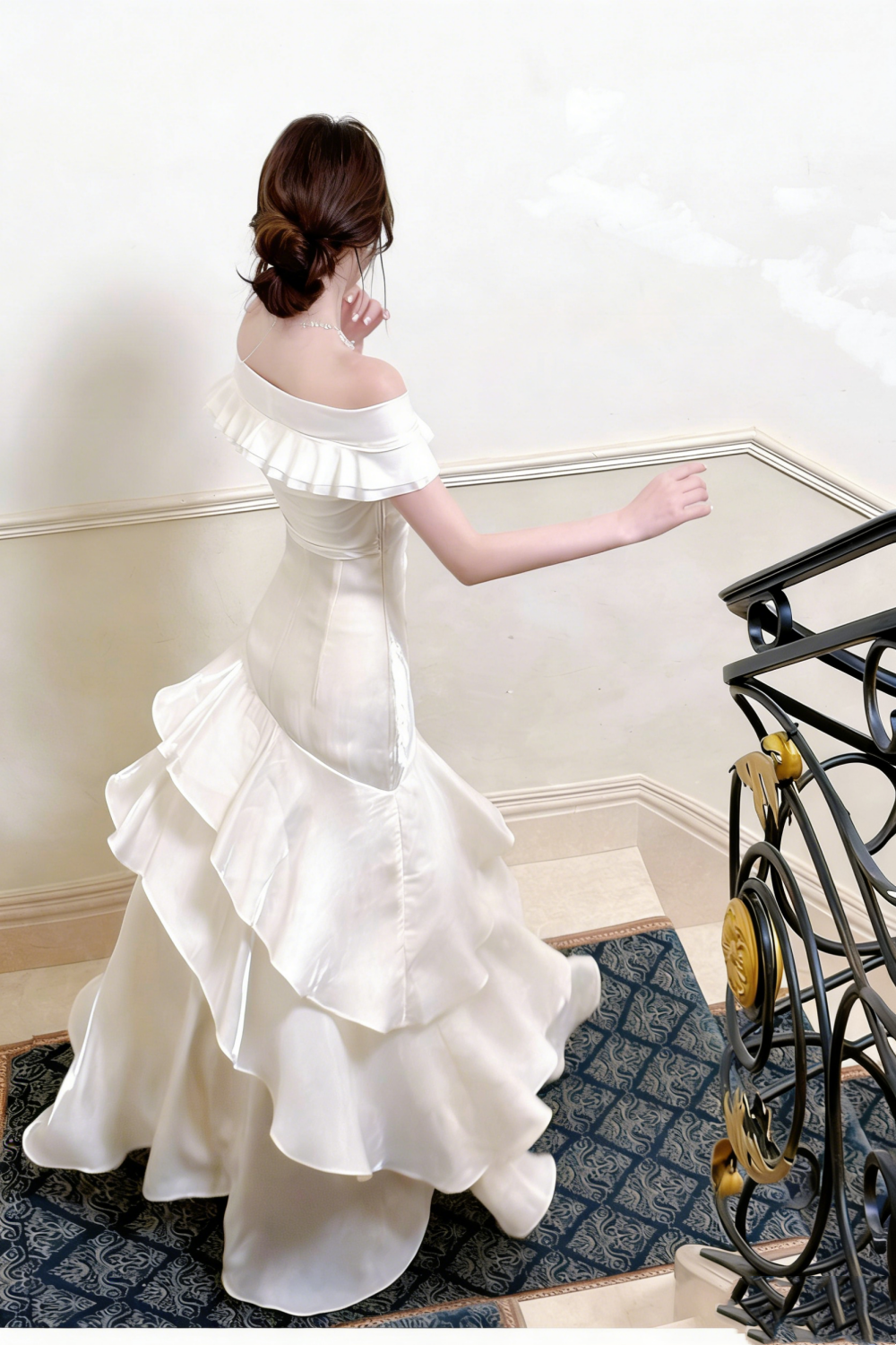 White Long Off-The-Shoulder Prom Dress With Ruffle Details. FD03