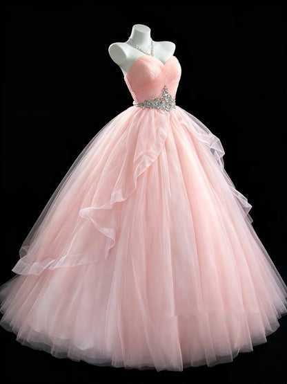 Sweetheart Strapless Pink Tulle Ball Gown Rhinestone Sash Prom Formal Dress F0115