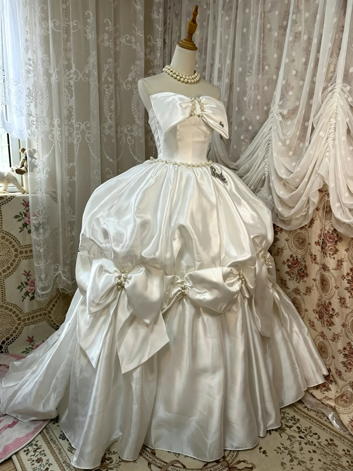 White Strapless Bow Satin Ballgown Wedding Dress F0268
