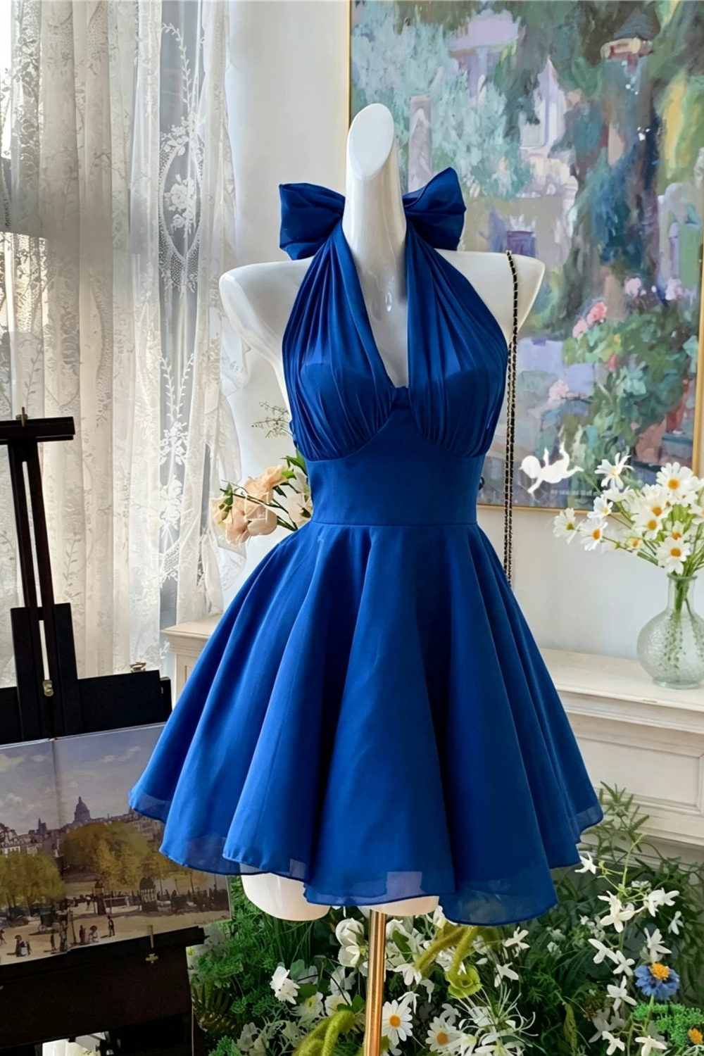 Halter Bow Chiffon Mini Dress, Homecoming Party A-Line Gown F055
