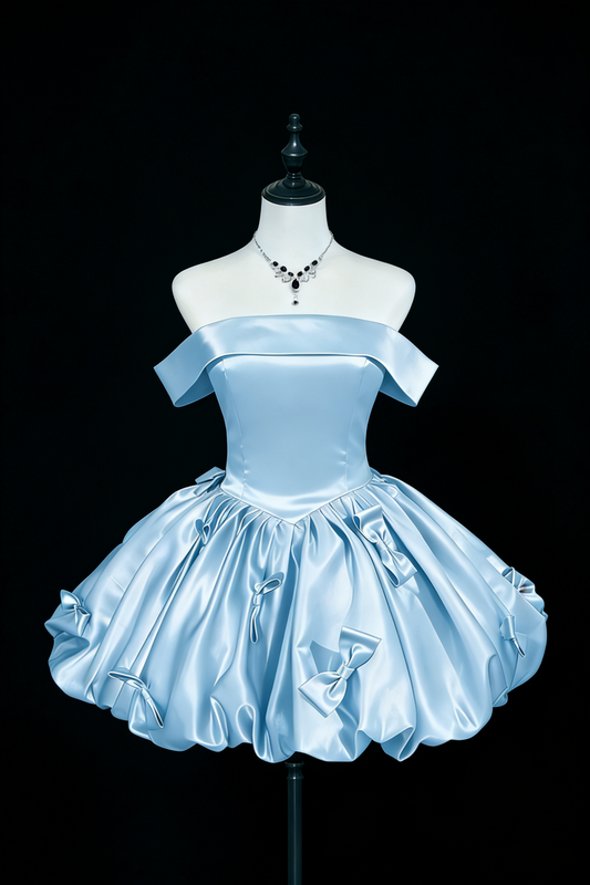 Satin Off-the-Shoulder Bow Bubble Hem Short Prom Dress, Vintage Princess Mini Dress for Birthday Party Floral015