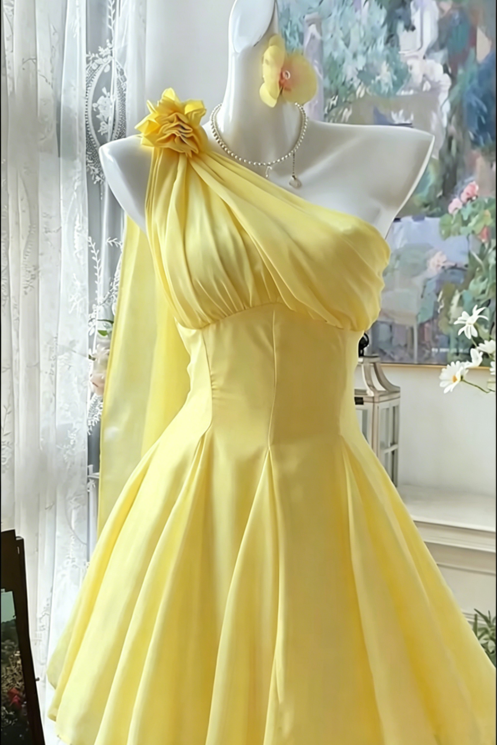 Prom Dress Yellow One-Shoulder Custom Graduation Party Mini Dress Floral047