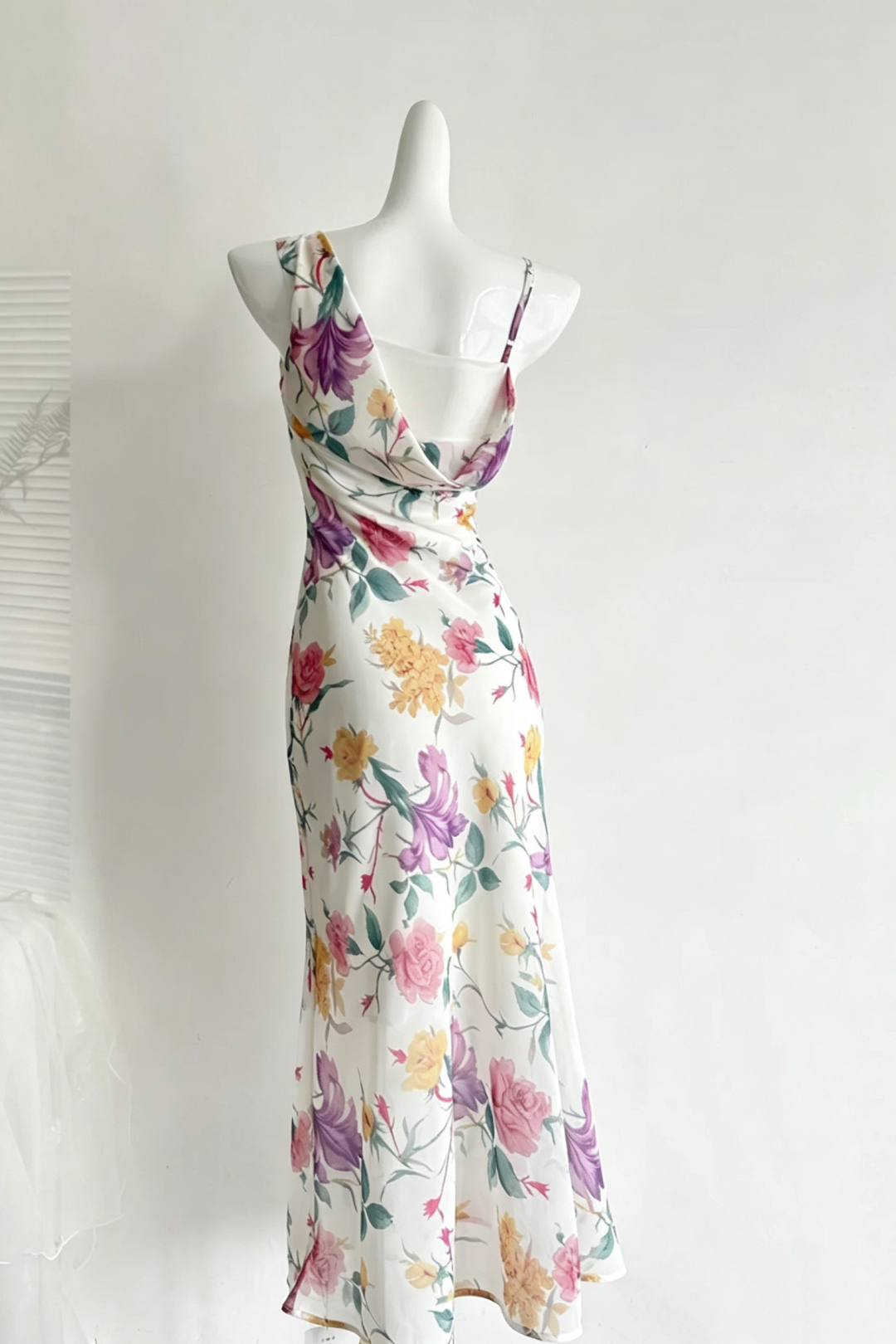 Watercolor Floral Cowl Neck Midi Dress One Spaghetti Strap Formal Gown F0210