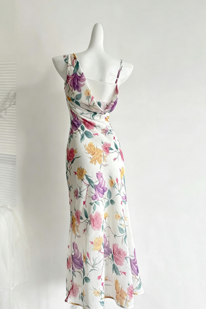 Watercolor Floral Cowl Neck Midi Dress One Spaghetti Strap Formal Gown F0210