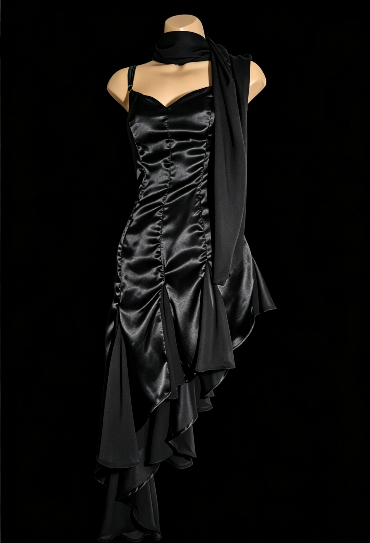 Emerald Green Satin Spaghetti Strap Dress Asymmetrical Chiffon Formal Gown Long & Midi F0025