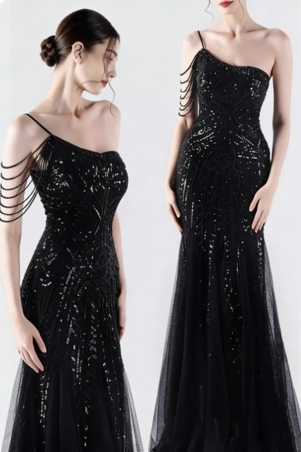 Burgundy Sequin One Shoulder Mermaid Prom Dress, Chain Detail Tulle Train Formal Gown FD018