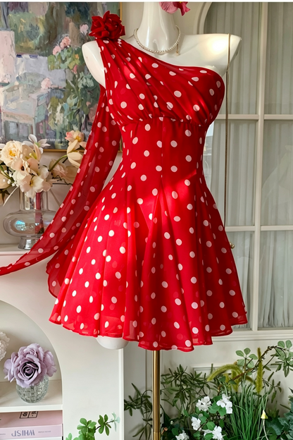 Vacation Dress Red Chiffon One Shoulder Short Dress, Polka Dot Print F0060