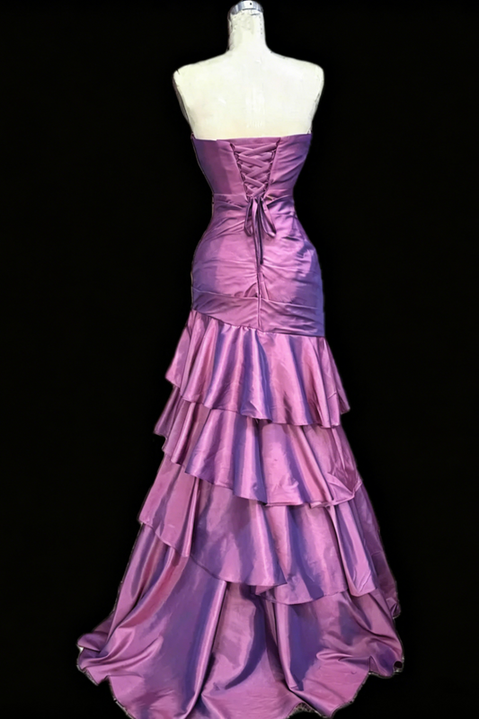 Lavender Satin Strapless Mermaid Gown Sweetheart Neckline Ruched Bodice Lace-Up Back Tiered Ruffle Skirt For Wedding Evening Prom  Floral035