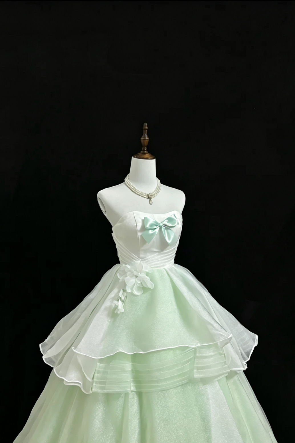 Mint Green Strapless Tulle Gown Bow Floral Fall Formal Dress F0100