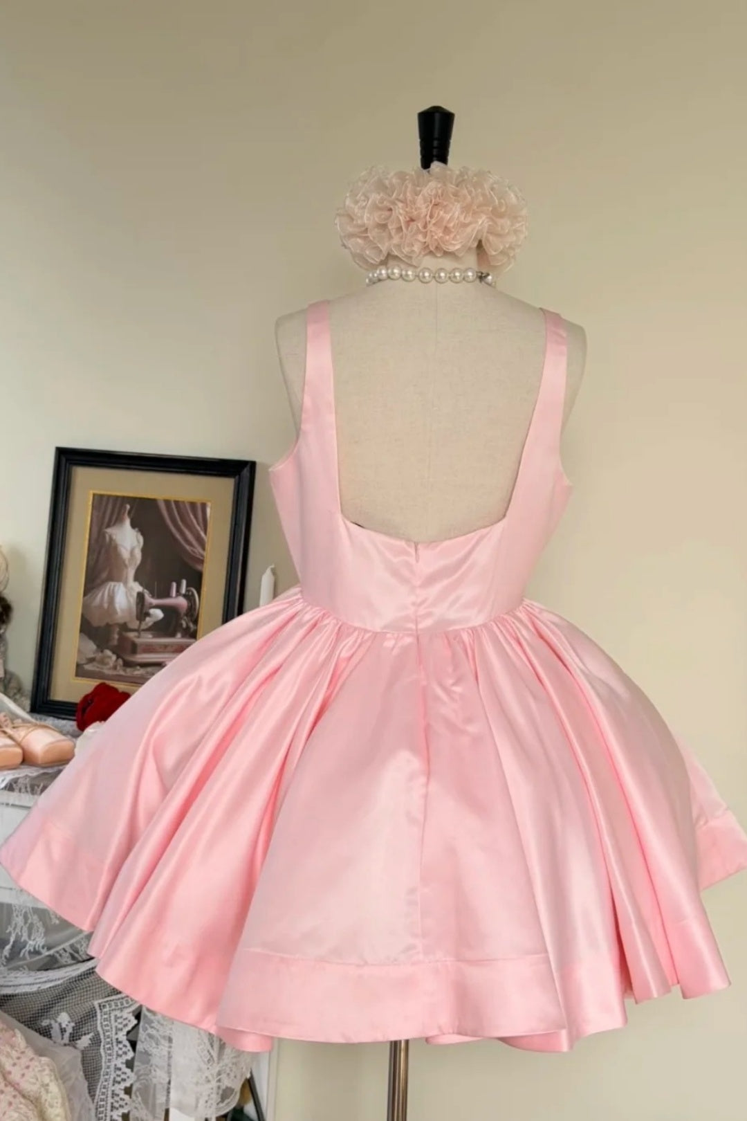 Baby Pink Satin Square Neck Mini Homecoming Dress  F0271