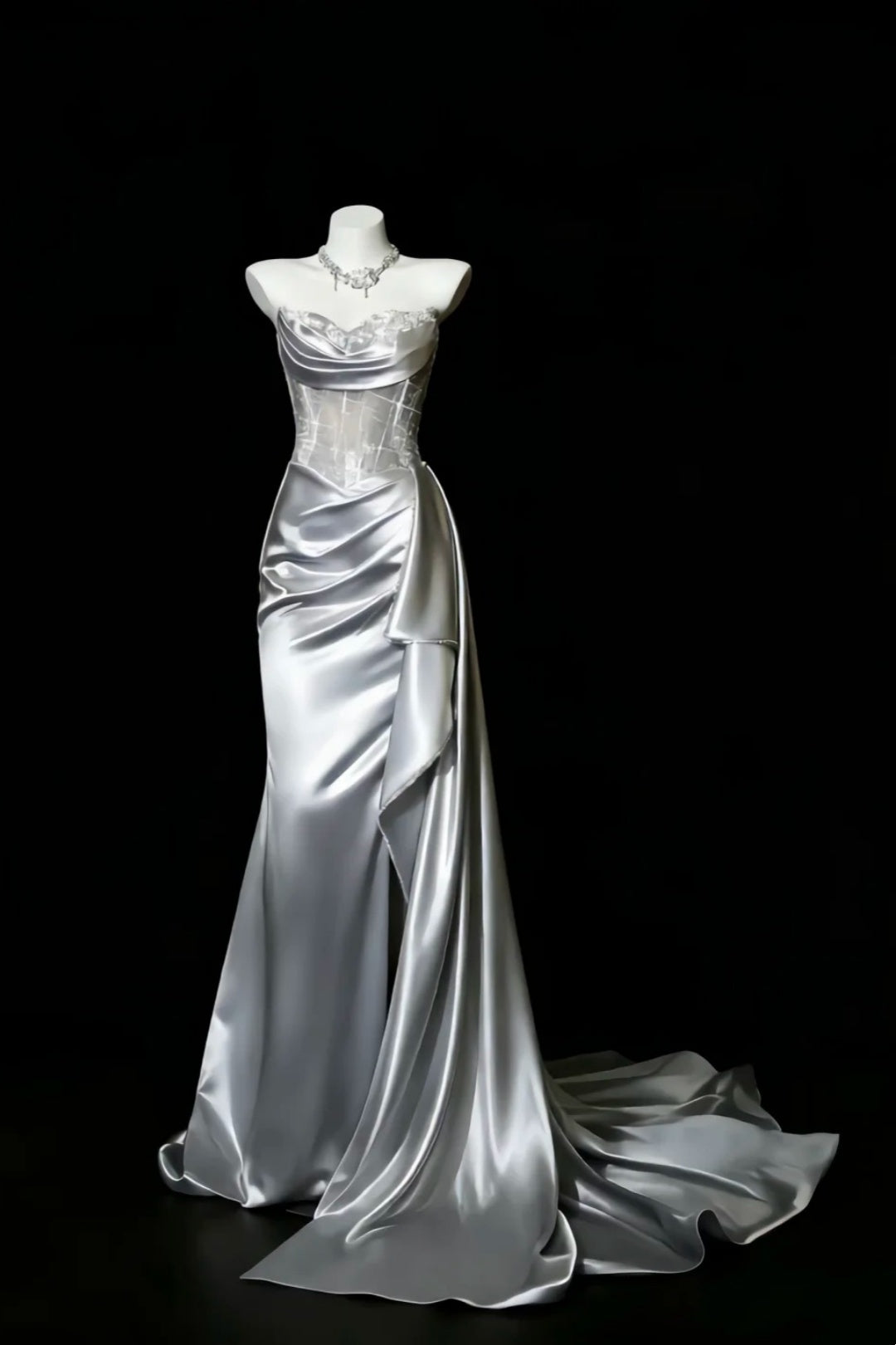 Strapless Satin Corset Mermaid Evening Dress Draped Long Train Gown F0101