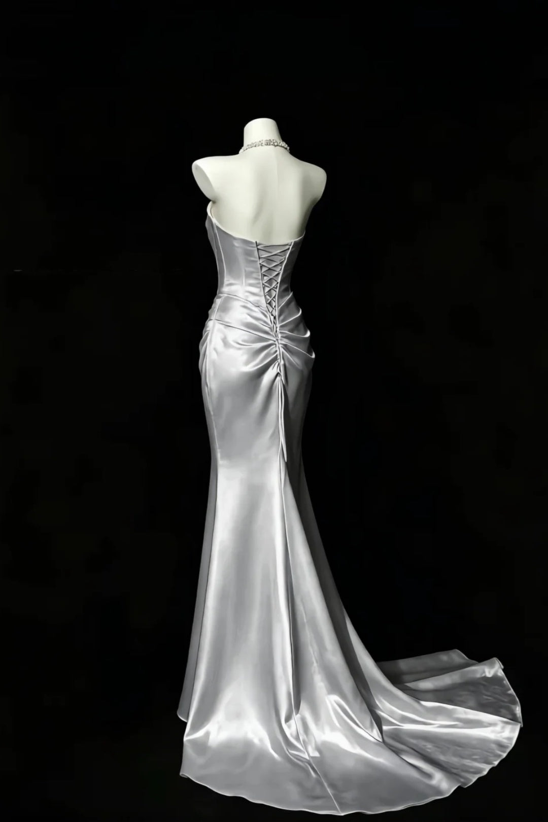 Silver Satin Strapless Mermaid Dress Draped Cowl Neck Lace‑Up Back Prom Gown F0148