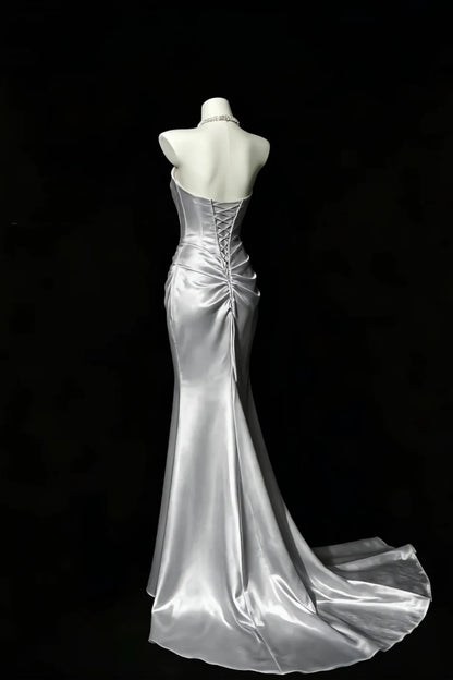 Silver Satin Strapless Mermaid Dress Draped Cowl Neck Lace‑Up Back Prom Gown F0148